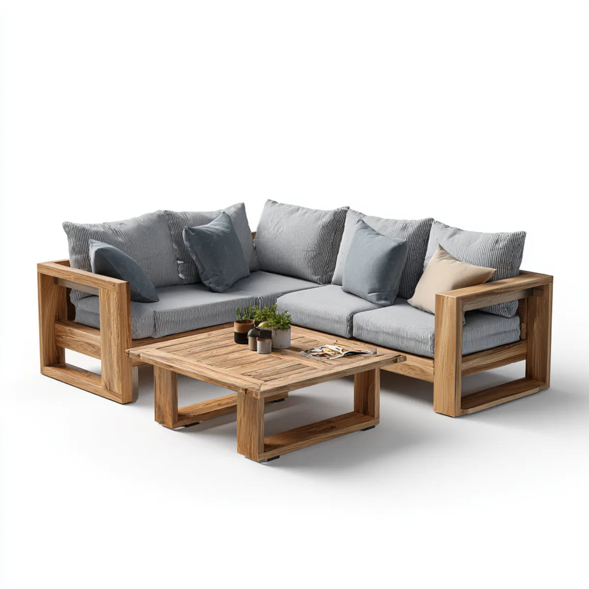 Sofa ogrodowa, Zestaw kątowej sofy ogrodowej z szarym stołem i litym drewnem akacjowym 240 x 180 cm