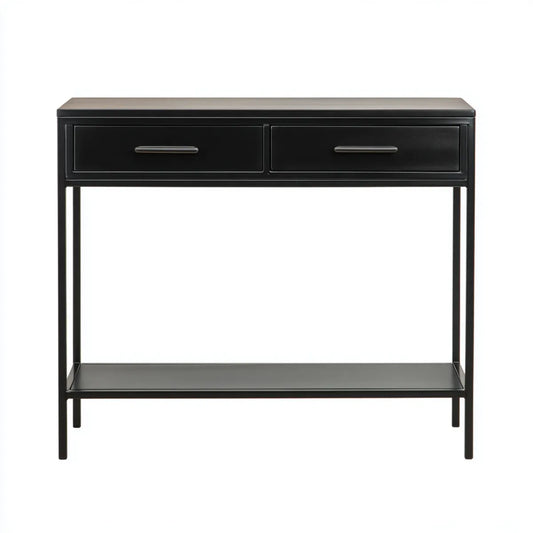 Konsola do przedpokoju, Prostokątny czarny stalowy stół konsoli wejściowej i panele MDF z 2 szufladami 100 x 35 x 80 cm