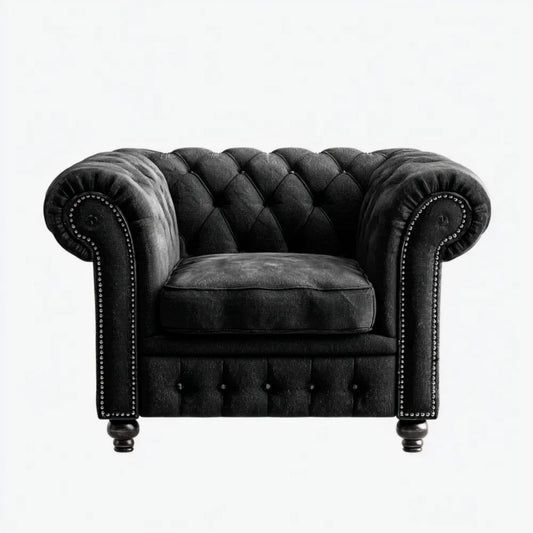Fotel, Chesterfield fotel czarny w poliestrze aksamit poliestrowy kapitalizowany 110 x 90 x 75 cm