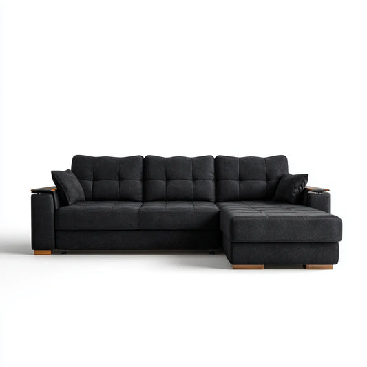 Sofa, Kanapa narożna z rekamierem w prawo Czarna 290 x 160 cm poliester kształt L