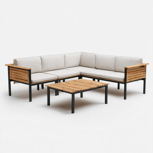 Sofa ogrodowa, Zestaw beżowy i naturalny narożnik kanapa ogrodowa 220 x 220 x 75 cm w akacji i stali poliestrowej z prostokątnym stole