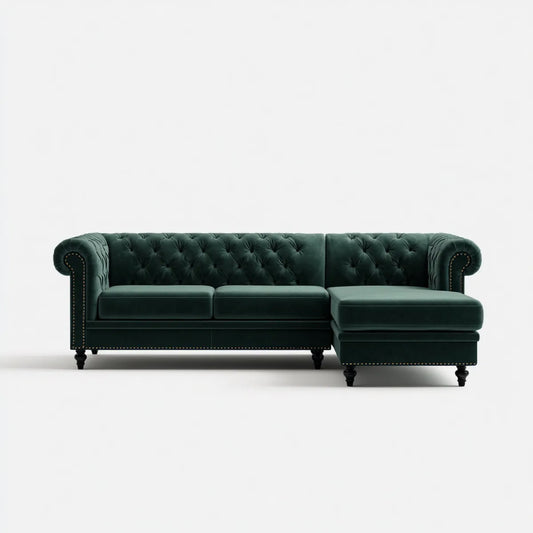 Sofa, Chesterfield narożna sofa 3 fotele z szezlongiem prosto ciemnozielony poliester aksamit 260 x 160 x 78 cm