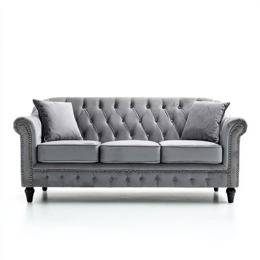 Sofa, 3 fotela szara 220 x 90 x 78 cm poliestrowy aksamit szkło proste