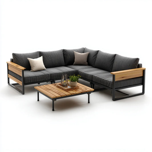 Sofa ogrodowa, Zestaw kątowej sofy ogrodowej z antracytem szarym stołem i naturalnym drewnem 250 x 250 cm ze stali i litego acacia L