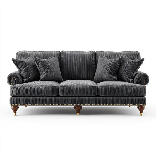 Sofa, 3 fotela szara antracyt 220 x 95 x 90 cm w poliestrowym, żebrowanym aksamicie prostym