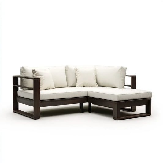 Sofa, 3 narożna kanapa beżowa i ciemnobrązowa 220 x 150 x 70 cm w litym drewnie akacyjnym i poliestrowym kształcie L
