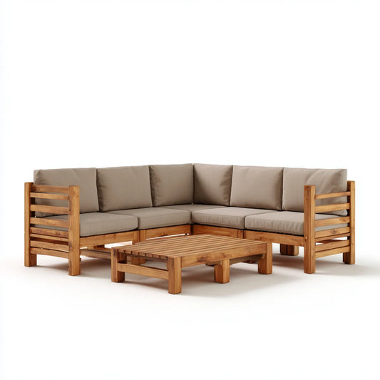 Sofa ogrodowa, Zestaw kątowej sofy ogrodowej 5 beżowych foteli w litym drewnie z prostokątnym stołem 250 x 250 x 75 cm