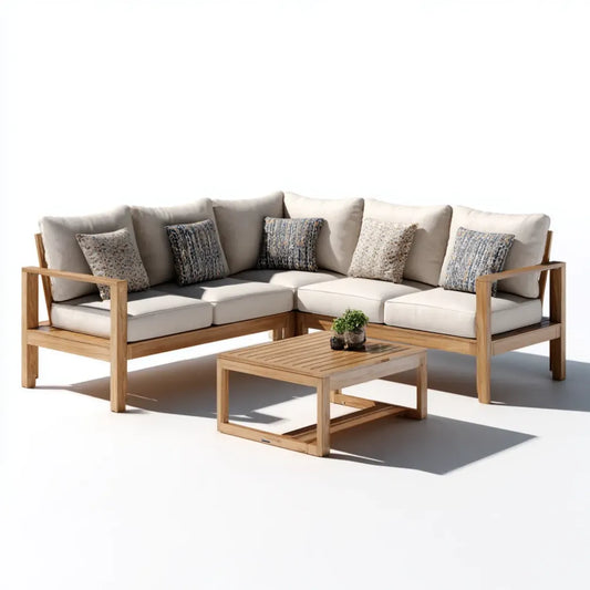 Sofa ogrodowa, Zestaw narożnych sof ogrodowych 6 beżowych foteli w litym drewnie z prostokątnym stołem Sofa 280 x 220 x 78 cm Tabela 100 x 60 x 45 cm