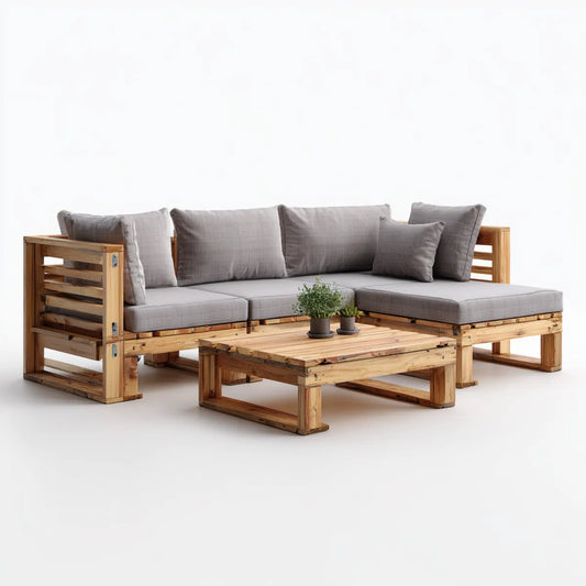Sofa ogrodowa, Taras salon zestaw z narożną sofą i stolik kawowy szary 220 x 150 cm lite drewno sosnowe kształt litery L