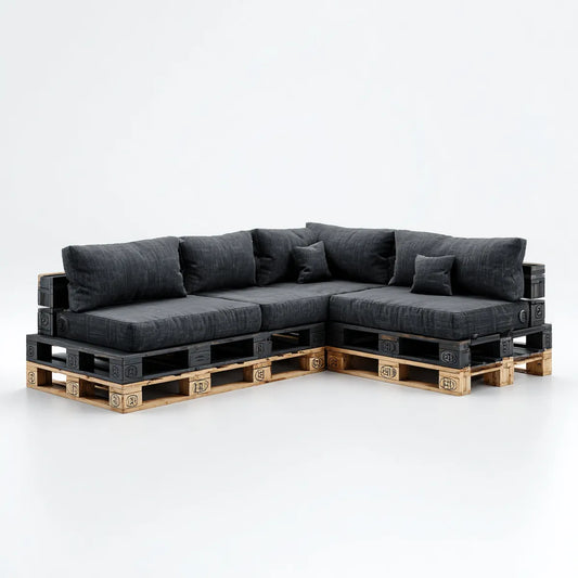 Sofa ogrodowa, Zestaw 5 miejsc czarnych i naturalnych w litym drewnie sosnowym 240 x 160 x 75 cm