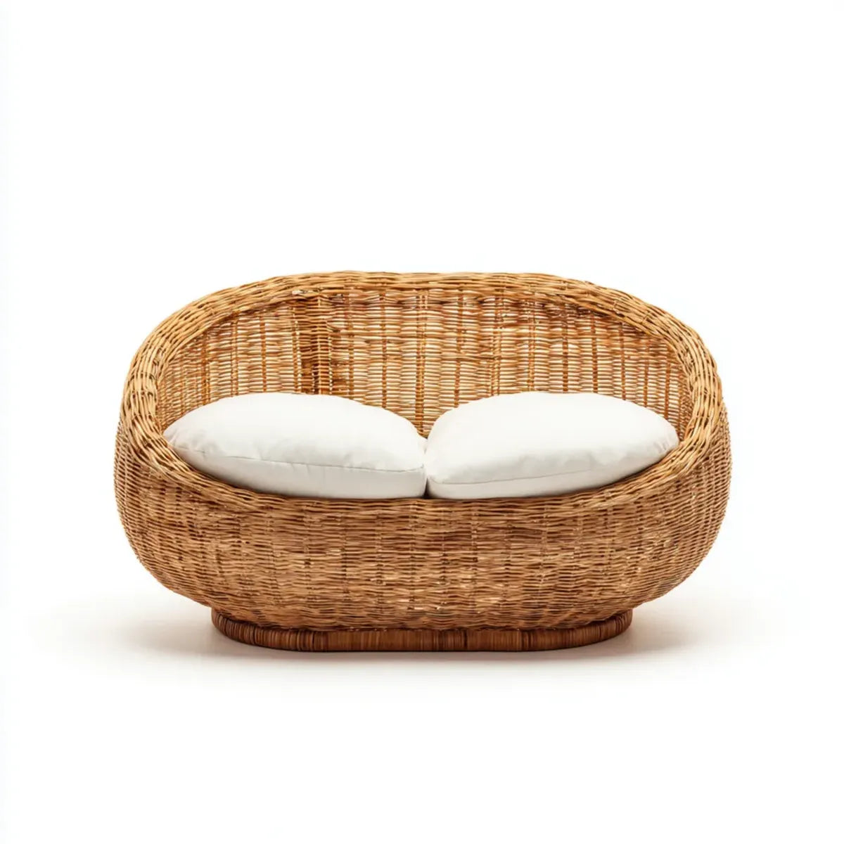 Sofa ogrodowa, Taras sofa 2-fotelik naturalny biały 130 x 75 x 78 cm rattan braid owalny z poduszką siedzenia