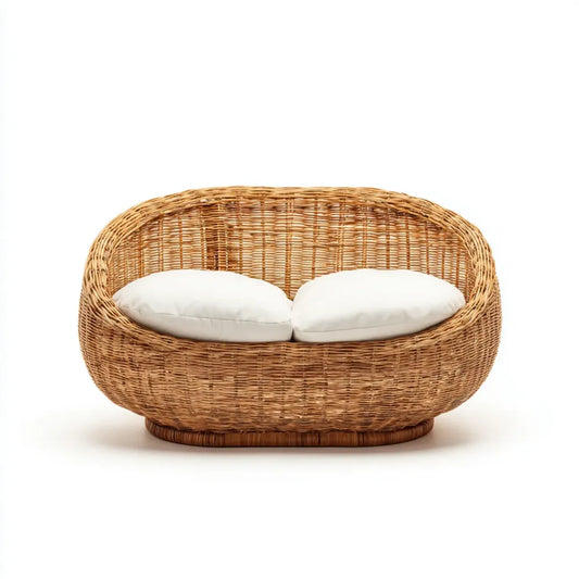 Sofa ogrodowa, Taras sofa 2-fotelik naturalny biały 130 x 75 x 78 cm rattan braid owalny z poduszką siedzenia