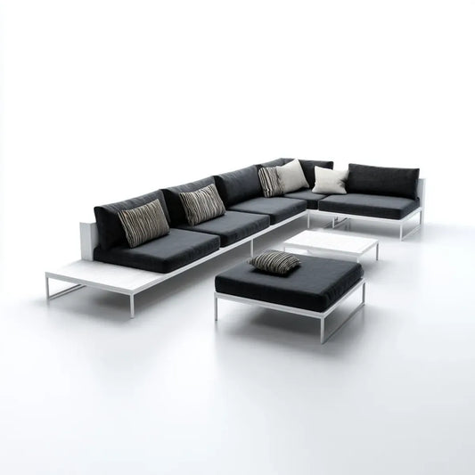 Sofa ogrodowa, Zestaw narożnych sof ogrodowych 4 czarno-białe fotele z puf i aluminium stoły 285 x 215 x 65 cm