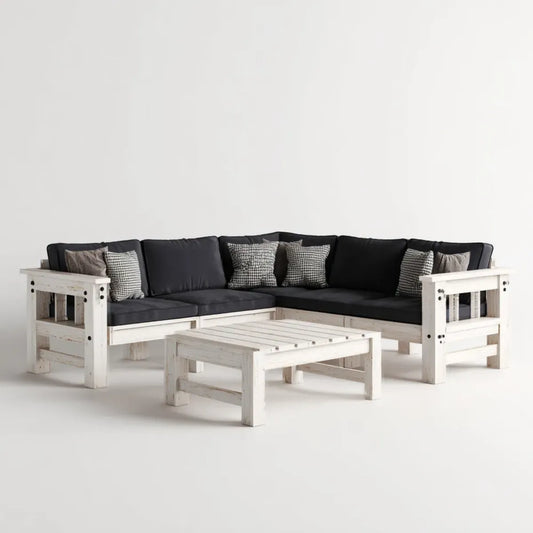 Sofa ogrodowa, Zestaw kątowej sofy ogrodowej biały i czarny z tabeli 240 x 180 cm w litym drewnie sosnowym