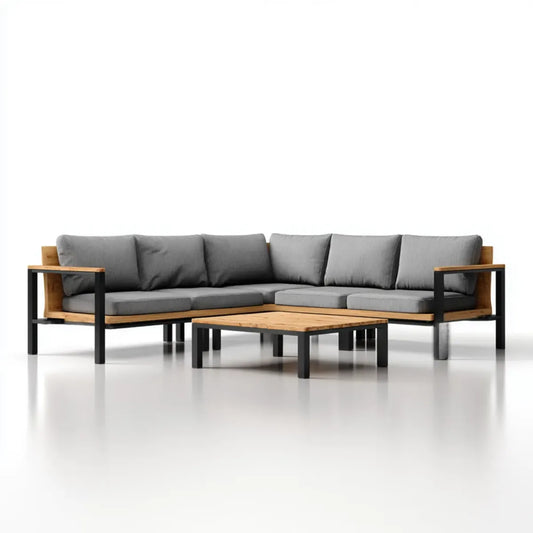 Sofa ogrodowa, Zestaw kanapa narożna ogrodowa 5 foteli z naturalnego i szarego stołu 250 x 190 cm w aluminium i litego drewna acacia