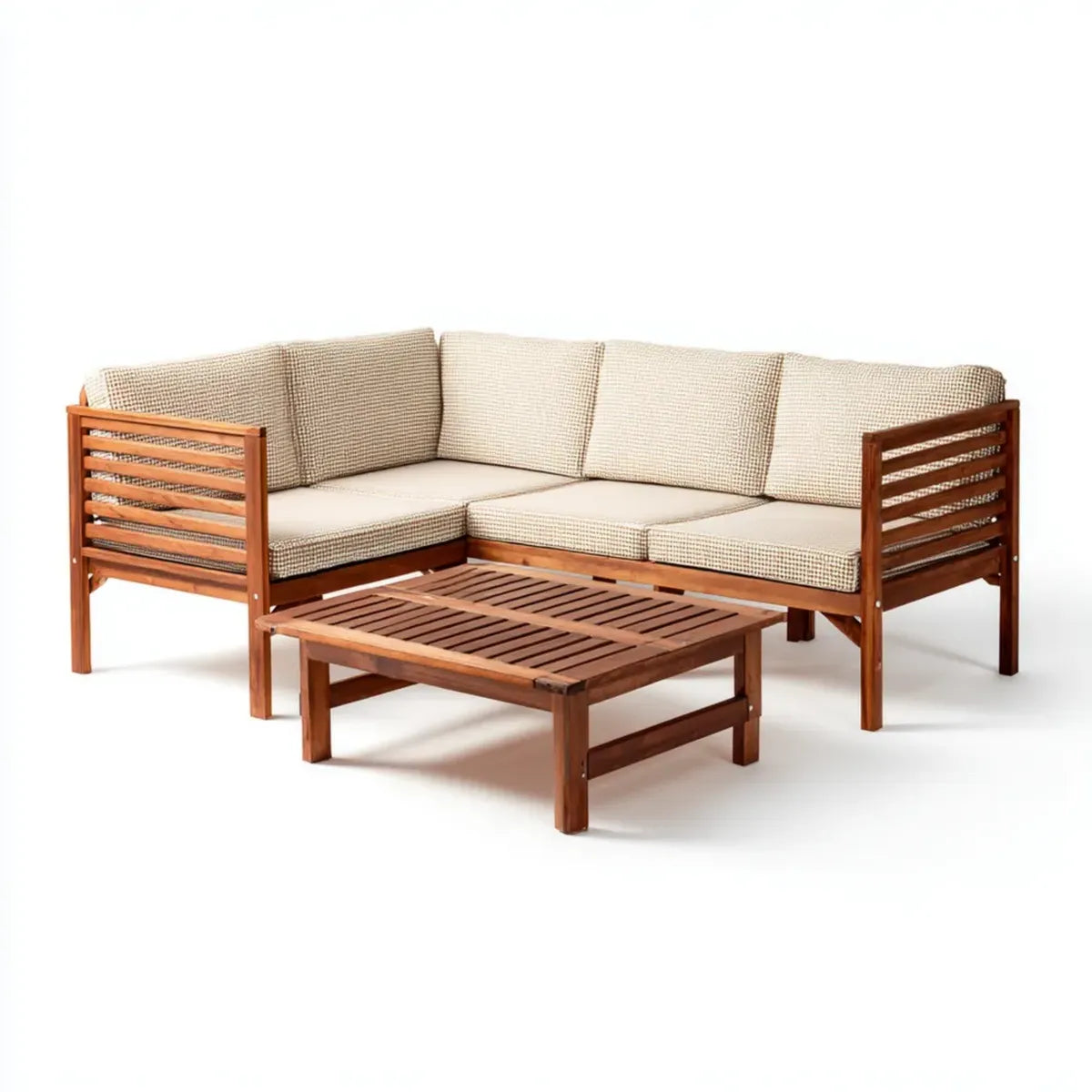 Sofa ogrodowa, Zestaw brązowy i beżowy narożnik ogrodowy sofa 200 x 200 x 70 cm w litym drewnie z prostokątnym stołem
