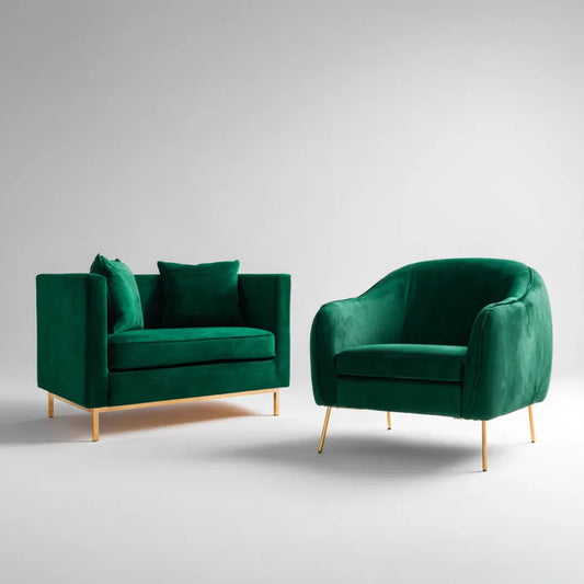 Sofa, 2 fotel sofa zestaw i fotel okrągłe w zielony szmaragdowy poliester aksamit ze stalowych nóg 128 x 78 x 80 cm i 82 x 80 x 80 cm
