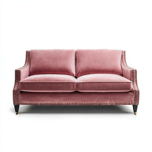 Sofa, Różowa 2 fotelowa sofa w poliestrowym aksamicie 160 x 85 x 88 cm litych drewnianych stopach o prostym kształcie