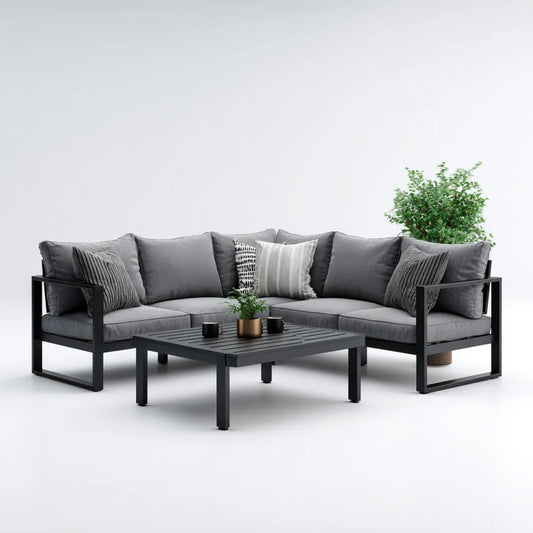 Sofa ogrodowa, Zestaw kanapa narożna ogrodowa 3 fotele z szarym antracytem stół 210 x 210 x 68 cm w aluminiowym pokryciu proszkowym L