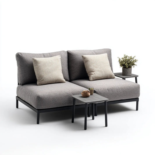 Sofa ogrodowa, Zestaw sofa ogrodowa 2 szare siedzenia ze stalowym i poliestrowym stołem 180 x 90 x 78 cm
